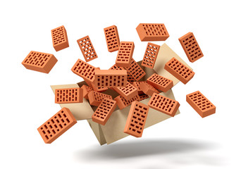 3d rendering of cardboard box suspended in air full of new brown perforated bricks which are flying out.