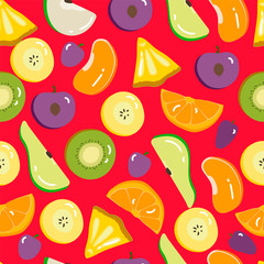 Cartoon fruits seamless. Vector summer pattern with color fruits on the red background. 