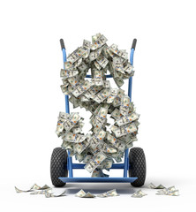 3d rendering of big dollar sign made of banknotes on a hand truck