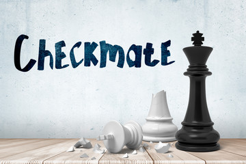 3d close-up rendering of victorious black chess king and defeated broken white king on wooden surface near wall with title 'Checkmate'.