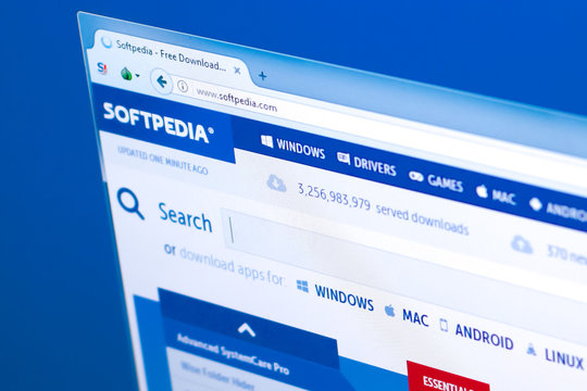 Ryazan, Russia - March 28, 2018 - Homepage of SoftPedia website on display of PC, web address - softpedia.com.