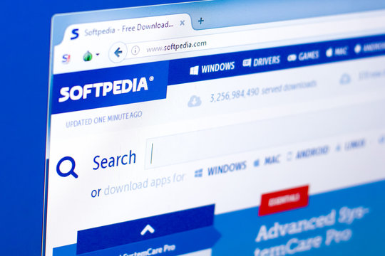 Ryazan, Russia - March 28, 2018 - Homepage of SoftPedia website on display of PC, web address - softpedia.com.