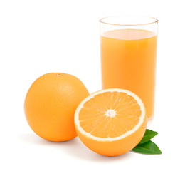 Glass of fresh orange juice with fruits cut in half and sliced with green leaf isolated on white background