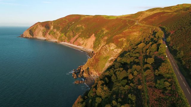 United Kingdom, Devon, Exmoor National Park, Countisbury Hill and Foreland Point with Sillery Sands below