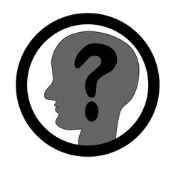 Human head profile silhouette and question mark isolated on white background. Doubt concept, decision making, difficult choice. Facial recognition, identification, personal verification.Stock vector.