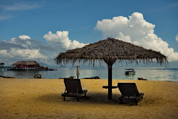 Malaysia. Mabul island, on the West coast of Borneo, is famous for its picturesque diving and tourist activities.