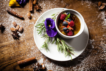 Avocado creme brulee served in a cup in restaurant