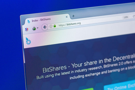 Ryazan, Russia - March 29, 2018 - Homepage of Bitshares cryptocurrency on a display of PC, web address - bitshares.org.