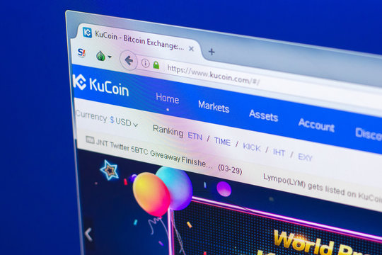 Ryazan, Russia - March 29, 2018 - Homepage of KuCoin crypto currency on the PC display, web address - www.kucoin.com.