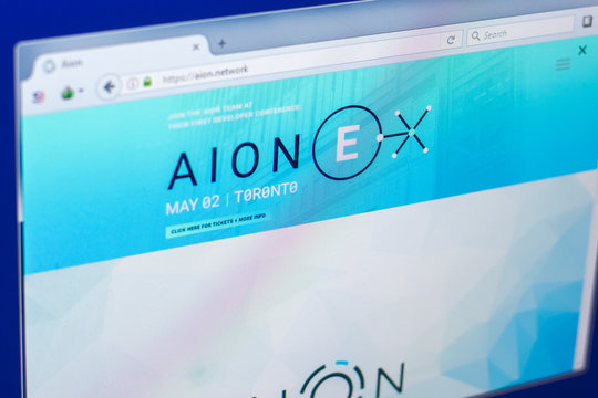 Ryazan, Russia - March 29, 2018 - Homepage of Aion crypto currency on the PC display, web address - Aion.network.