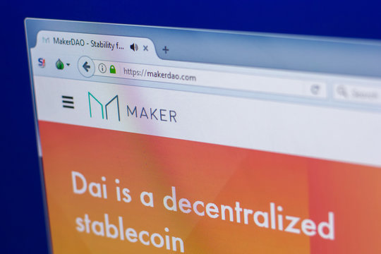 Ryazan, Russia - March 29, 2018 - Homepage of Maker crypto currency on the PC display, web address - makerdao.com.