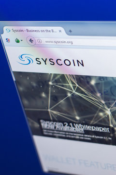 Ryazan, Russia - March 29, 2018 - Homepage of Syscoin crypto currency on the PC display, web address - syscoin.org