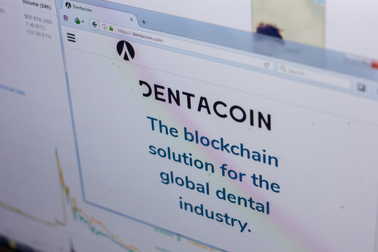Ryazan, Russia - March 29, 2018 - Homepage of Dentacoin on the PC display, web address - dentacoin.com