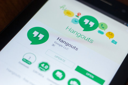 Ryazan, Russia - March 21, 2018 - Hangouts mobile app on the display of tablet PC.