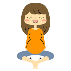 あぐらをかいて座り、お灸をする妊婦(ズボン着用)(絵本風)