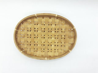 Traditional Ethnic Artistic Brown Wooden Handmade Bamboo Rattan Basket Container Tray for Home Interiors Decoration in White Isolated Background