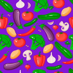 Cartoon vegetables seamless. Farm products pattern. Vector color natural background.