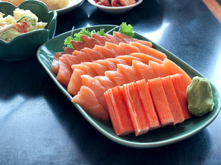 Crab stick and salmon sashimi set