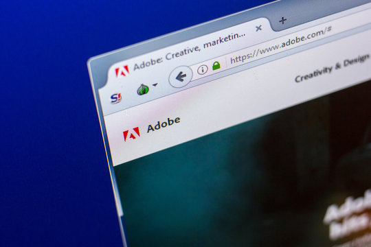 Ryazan, Russia - April 16, 2018 - Homepage of Adobe website on the display of PC, url - adobe.com.