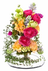 Festive Flowers : Rose la Campanella, Ranunculus, Cymbidium, Hyacinthus, Anemone, Thyme, Eucalyptus, Moss