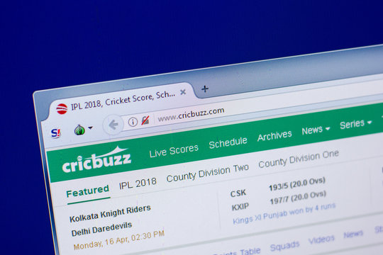 Ryazan, Russia - April 16, 2018 - Homepage of CricBuzz website on the display of PC, url - crickbuzz.com