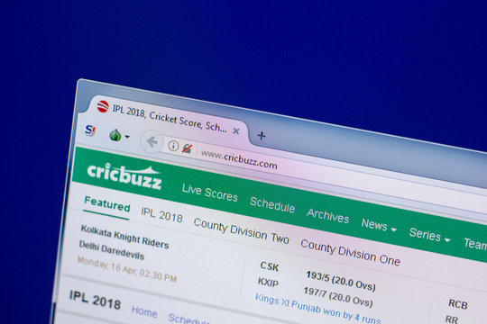 Ryazan, Russia - April 16, 2018 - Homepage of CricBuzz website on the display of PC, url - crickbuzz.com