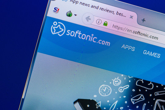 Ryazan, Russia - April 16, 2018 - Homepage of Softonic website on the display of PC, url - softonic.com.