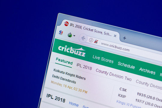 Ryazan, Russia - April 16, 2018 - Homepage of CricBuzz website on the display of PC, url - crickbuzz.com