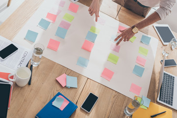 cropped view of businesswoman pointing with finger at sticky note near businessman