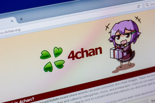 Ryazan, Russia - April 16, 2018 - Homepage of 4chan website on the display of PC, url - 4chan.org