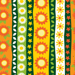 Vector colourful vertical column sunflowers pen sketch repeat pattern with stripes. Suitable for textile, gift wrap and wallpaper.