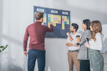 back view of scrum master pointing with finger at board with letters near multicultural coworkers