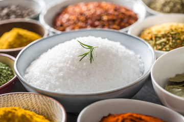 Salt and variety spices and herbs in bowls
