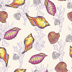 Vintage sea life natural seamless pattern, underwater vector texture
