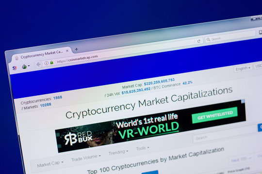 Ryazan, Russia - April 16, 2018 - Homepage of CoinMarketCap website on the display of PC, url - coinmarketcap.com.