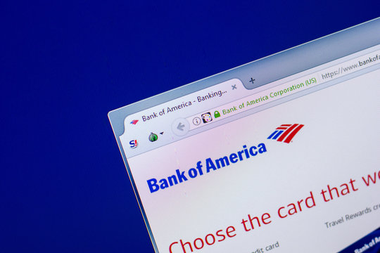 Ryazan, Russia - April 16, 2018 - Homepage of Bank of America website on the display of PC, url - bankofamerica.com.