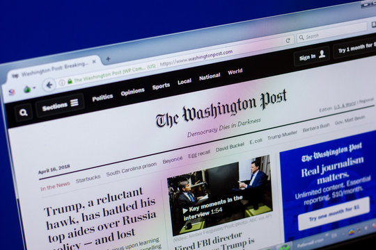 Ryazan, Russia - April 16, 2018 - Homepage of The Washington Post website on the display of PC, url - washingtonpost.com.