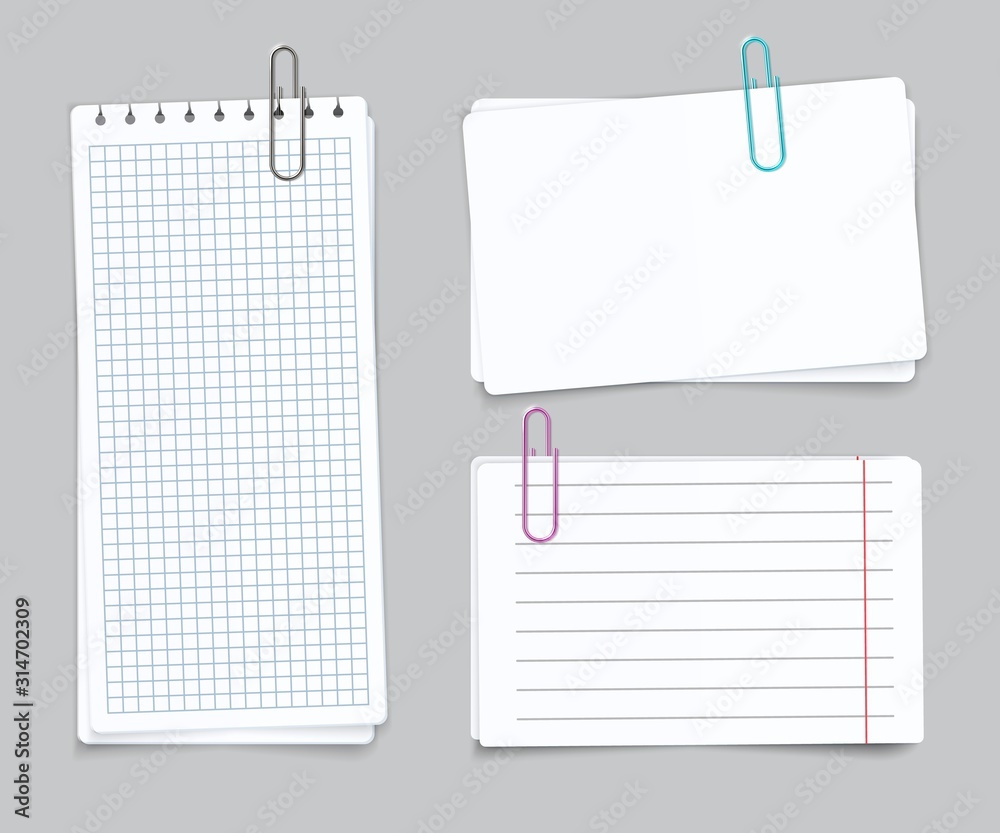 Poster Realistic Different sheets. Blank gridded torn notebook paper color paper clips. Vector notepapers for post memories and remember notes