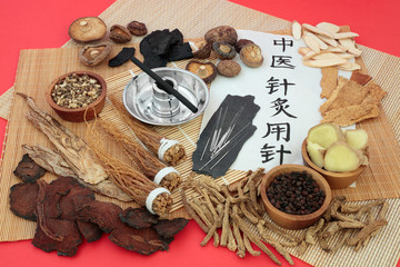 Chinese herbal medicine with herbs used as a tonic, acupuncture needles, moxa stick & script on rice paper. Translation reads as acupuncture needles used in traditional Chinese medicine.