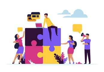 Business teamwork concept. Puzzle elements with cartoon business people, metaphor of partnership and collaboration. Vector design connected corporate team working over idea creative image
