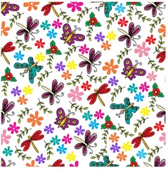 Spring butterflies, dragonfly and flowers seamless pattern.