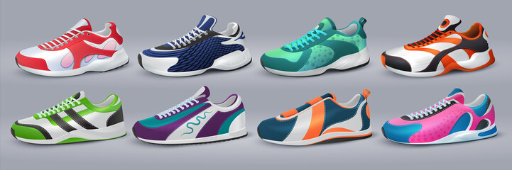 Realistic sneakers. Footwear and training shoes, fashion sport shopping, various colorful shoes. Vector illustration sport shoes isolated set for healthy lifestyle symbol