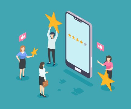 Isometric customer review. 5 star rating services or work. Positive feedback concept with using smartphone. Vector illustration choosing customers quality rating