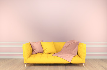 Mock up sofa yellow Pink chidren room interior minimal design. 3D rendering