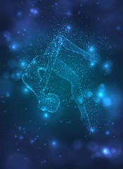 A female silhouette from luminous dots dancing on an abstract dark blue background. vector layout