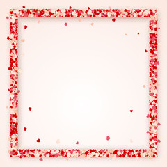 Happy Valentines Day background, paper red, pink and white orange hearts confetti frame. Vector illustration