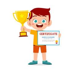happy cute little kid boy holding trophy