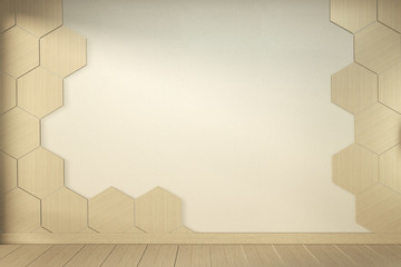 Hexagon tile wall on Empty white room on wooden floor interior design. 3D rendering