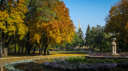 Naklejka premium autumn park, yellow leaves, flower bed with flowers, blue sky, church, Dnipro city, Ukraine