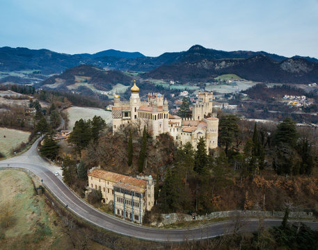 Aerial view of Castle of Rocchetta Mattei, Italy. One of the most unusual castles in the world